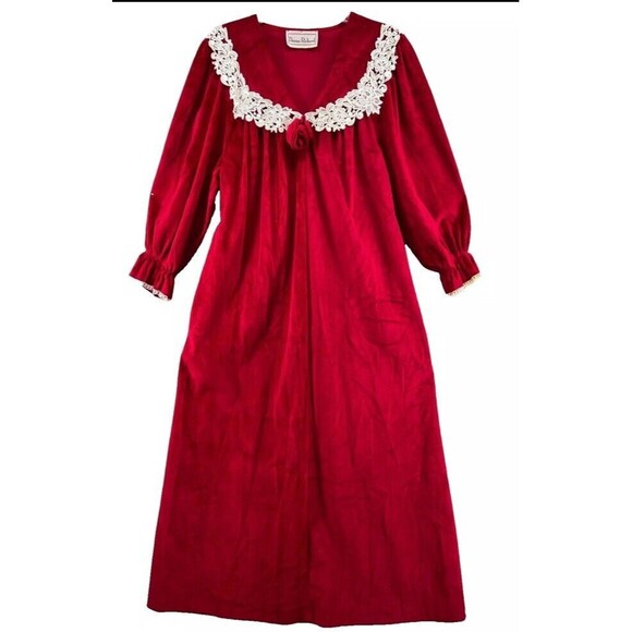 Vintage Velour Plush Red Rose Lace House Coat Goth Luxe Medium Prairie Cottage - Picture 3 of 5